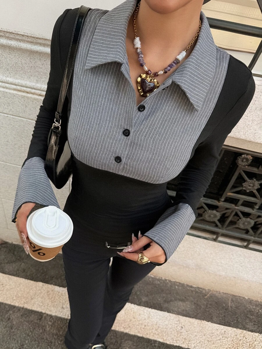 DAZY Grey Vertical Striped Collar Button Patchwork Black Slim Fit Long Sleeve 2 In 1 Commuter Style T-Shirt - Black - View 1