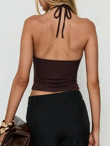 Avenya Mesh Patchwork Halter Tie Front Cowl Neck Knit Top - Brown - View 4