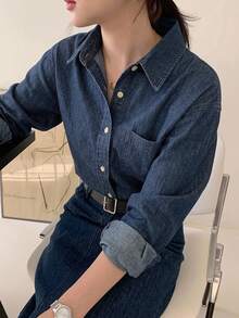 DAZY 淺洗藍色領口口袋寬鬆長袖牛仔襯衫 春夏秋季 - 藍色 - 查看 4