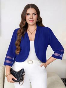 Reflora Chaqueta de mujer talla grande de unicolor con contraste de malla y abertura frontal - azul real - Ver 3