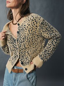Bohemela Vintage Plush Leopard Print Jacquard Long Sleeve Knit Cardigan - Apricot - View 4