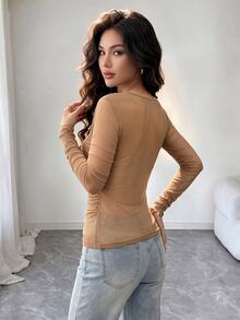 SHEIN Raffinéa Women's Spring/Autumn Mesh Asymmetrical Collar Shawl Top With Metal Decor, Sheer Casual Holiday Streetwear Top - Brown - View 3