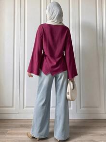 Elenzga Off White Boat Neck Ruched Waist Irregular Hem Cotton Blouse, French Casual Top For Office, Dating & Autumn Daily Outfit - Burgundy - View 2