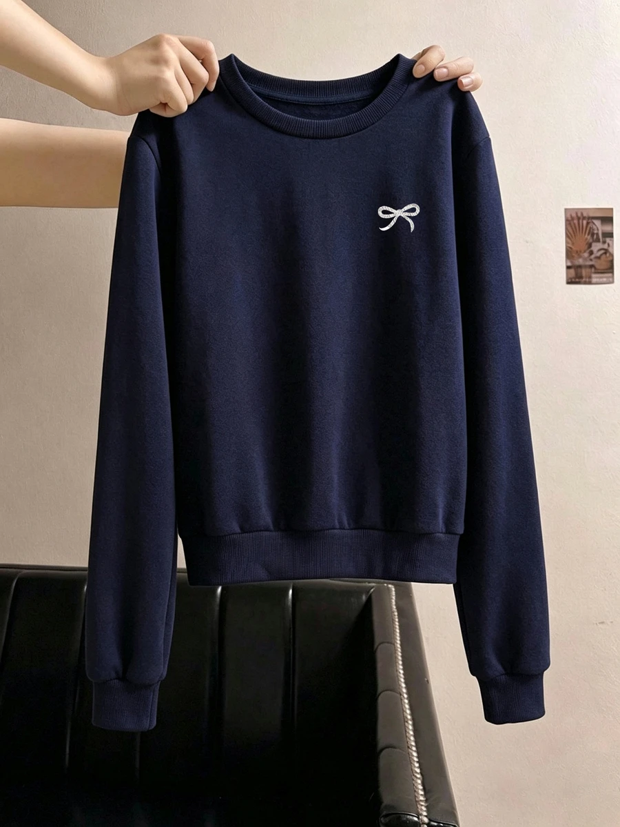 SHEIN LUNE 女款素色刺繡蝴蝶結圖案圓領長袖寬鬆套頭運動衫,基礎款秋冬款 - 藏蓝色 - 查看 1