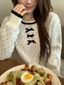 DAZY Cream White Round Neck Black Polka Dot Bow Decor Contrast Trim Loose Long Sleeve Sweet Knit Sweater - White - View 7