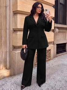 SHEIN BAE CURVE 大尺碼女款純色翻領西裝外套與長褲休閒套裝 - 黑色 - 查看 5