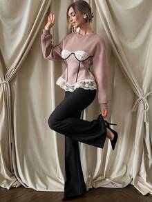 Cévolie Autumn Sweet & Cool Minimalist Sexy Style Lace Patchwork Back Tie Waist Sweatshirt, Gray & Pink Colorblock Trim, Slimming Ruffle Hem, For Daily, Dating, Commuting - Multicolor - View 6