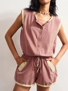 Bohemela Women's Contrast Trim Drawstring Waist Romper - Dusty Pink - View 4