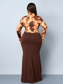 SOLERSUN Plus Size Elegant Party Tie-Dye Print Patchwork Mermaid Dress - Coffee Brown - View 2