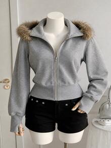 Dazy Plus Korean Style Fitted Waist Patchwork Fur Collar Hooded Sweatshirt, Autumn/Winter New Arrival Hoodies - Grey - View 3