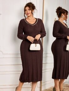 Modelyn Plus Size Women's Faux Pearl Decor Casual Daily Knit Dress - Khaki - View 6