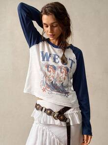 Bohemela Women's Colorblock Patchwork Western Boot Print T-Shirt - Multicolor - View 7