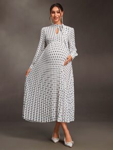 Momance Maternity Polka Dot Print Elegant Pleated Dress - White - View 5