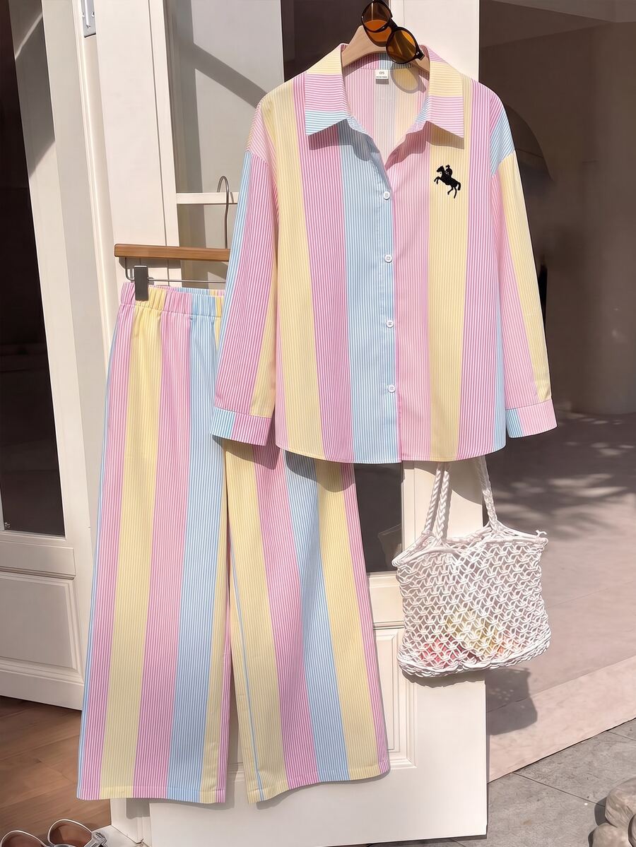 SHEIN 兒童青少年女孩彩色條紋Logo印花學院風寬鬆長袖上衣與寬腿褲2件套返校休閒套裝 - 粉色 - 查看 1