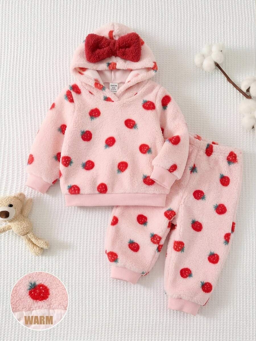 SHEIN Baby Girl Strawberry Print Bow Decor Sweatshirt And Cuffed Autumn Winter Pants Set - Pink - View 1