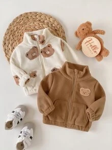 SHEIN 2pcs Newborn Baby Boys Girls Sherpa Fleece Coat Cute Sweet Beige Brown Bear Print Teddy Long Sleeve Zip Up Thick Fuzzy Outdoor Winter Halloween Autumn - Brown - View 4