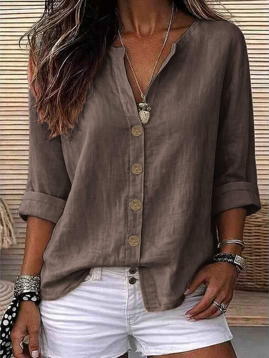 Zayélia 女款秋季服飾 平滑梭織優雅簡約休閒夏季襯衫 工作襯衫 - 淺灰紫 - 查看 1