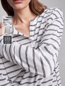 Ontre 2026新款四季通用簡約時尚優雅甜美商務通勤休閒出遊派對針織長袖圓領寬鬆鈕扣條紋藍色女款T恤 百搭顯瘦增高優雅日常穿著通勤穿著辦公室穿著約會穿著時尚穿著街頭穿著 - 白色 - 查看 6