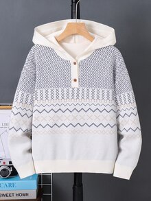 SHEIN Fair Isle 針織連帽毛衣童裝大童男孩休閒復古幾何圖案針織衫，卡其色毛衣、海軍藍毛衣，適合秋冬、學校、家庭聚會、度假、派對，秋季穿搭、冬季穿搭 - 彩色 - 查看 3