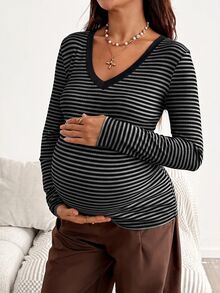 SHEIN Maternity Simple Versatile Striped Colorblock Long Sleeve T-Shirt - Grey - View 4