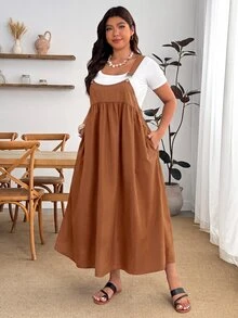 Enliva Plus Size Loose Black Strap Dress - Brown - View 4