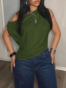 Slaydiva Women's Casual Asymmetrical Shoulder Ruched T-Shirt, Vacation Streetwear - Dark Green - View 3