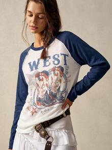 Bohemela Women's Colorblock Patchwork Western Boot Print T-Shirt - Multicolor - View 6