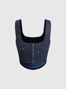 ROMWE Party Girl Rhinestone Gradient Denim Cropped Denim Top For Women - Blue - View 2