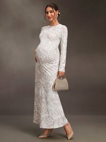 Cheriluna Maternity Maternity Lace Print Round Neck Long Sleeve Fitted Elegant Dress - Multicolor - View 5