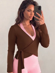 Sirith Women's Colorblock Long Sleeve Top And Shorts Casual Daily Sports Set - Multicolor - View 3