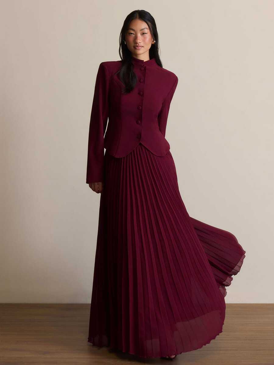 COSMINA Women's Elegant Party Solid Color Blouse Pleated Skirt Blazer Suit Set - Burgundy - View 1