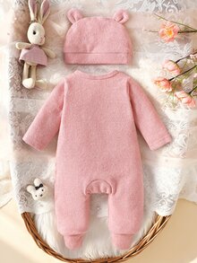 SHEIN 2件組新生女嬰連腳連身衣與帽子套裝，可愛甜美粉色兔子刺繡蝴蝶結針織熊長袖加厚秋冬毛衣連身褲 - 粉色 - 查看 4