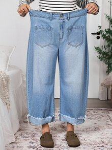 EMERY ROSE Plus Size Women's High-Rise Barrel Jeans, Light-Wash Wide-Leg Denim,Vacation Outfit,Halloween,Christmas,New Year,Party,Luxury,Elegant ,Concert - Blue - View 7