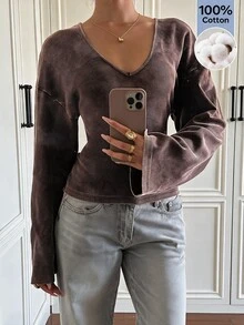 SHEIN EZwear 女款素色休閒日常長袖T恤 - 棕色 - 查看 6