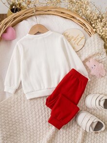 SHEIN 兒童嬰兒溫柔乳白色針織開襟衫套裝，附3D鉤編櫻桃刺繡貼布 - 紅色 - 查看 2
