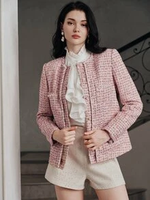 Anewsta Women's Faux Pearl Decor Fashion Versatile Long Sleeve Jacket - Pink - View 6