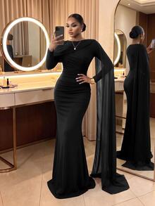 SHEIN Lady CURVE Plus Size Elegant Formal Party Formal Evening Nightwear Mermaid Dress Black Autumn Fall - Black - View 6