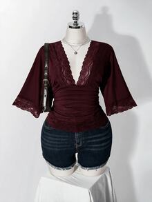 SHEIN ICON 女款大尺碼復古性感千禧風Y2K簡約休閒優雅通勤都市現代蕾絲P - 棕色 - 查看 3