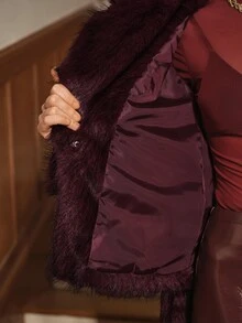 Anewsta Women's Autumn/Winter Short Faux Fur Coat With Large Lapel And Tie - Burgundy - View 8