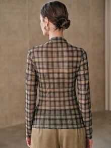 Anewsta 女款春夏秋冬新款復古格紋彈性腰顯瘦長袖上衣 - 彩色 - 查看 7