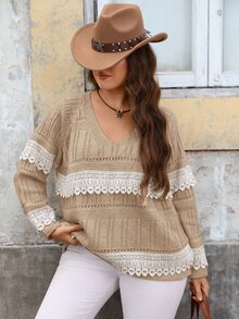 EMERY ROSE كنزة صوفية طويلة الأكمام بياقة على شكل حرف V مع رقعات دانتيل كاجوال للاستخدام اليومي للنساء بمقاسات كبيرة - كاكي - مشاهدة 5