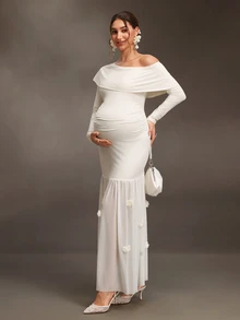 Cheriluna Maternity فستان حمل طويل الأكمام بلون المشمش مع ديكور زهري ثلاثي الأبعاد، كتف غير متماثل من الشبك، خصر مجعد، قصة ضيقة - لون مشمشي - مشاهدة 5