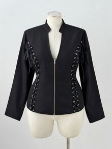 Sunspun Plus Size Dark Style Eyelet Webbing Patchwork Open Front Zipper Long Sleeve Shirt Fall - Black - View 7