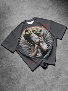Manfinity EMRG Men's Dark Gray Crew Neck Short Sleeve T-Shirt, Vintage Street Millennium Style Top, Gothic Blindfolded Angel Statue Lightning Distressed Text All-Over Print, Suitable For Outings, Concerts, Music Festivals, Coachella, Parties, Summer Vacation Outfits - Multicolor - View 3