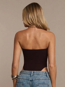 SHEIN BAE بودي سوت بدون حمالات مبطن بلون بني سادة للخريف/الشتاء، بودي سوت أنيق بتصميم بسيط عصري - بني - مشاهدة 2