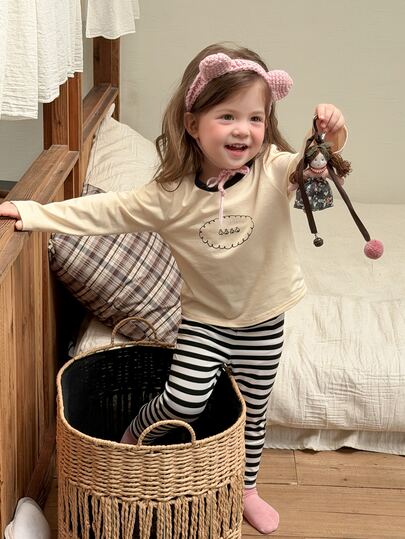 Dazy Kids Baby Girl Long Sleeve Top And Striped Long Pants Casual Daily Home Sleepwear Set Fall