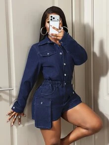 Slaydiva Women's Utility Denim Romper - Dark Wash - View 7