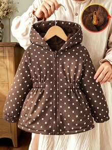 SHEIN Vintaside Kids 1件女童2025冬季新款復古卡其色花卉保暖內裡拉鍊連帽外套，彈性腰部，加厚保暖時尚戶外通勤百搭防寒夾克 - 棕色 - 查看 3