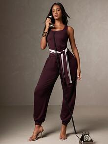 Hauture Women's Sexy Casual Contrast Dark Purple Tie-Up Sweatsuit Jumpsuit, Office Wear, Business Casual, Going Out Brunch, Traveling Summer - Burgundy - View 1