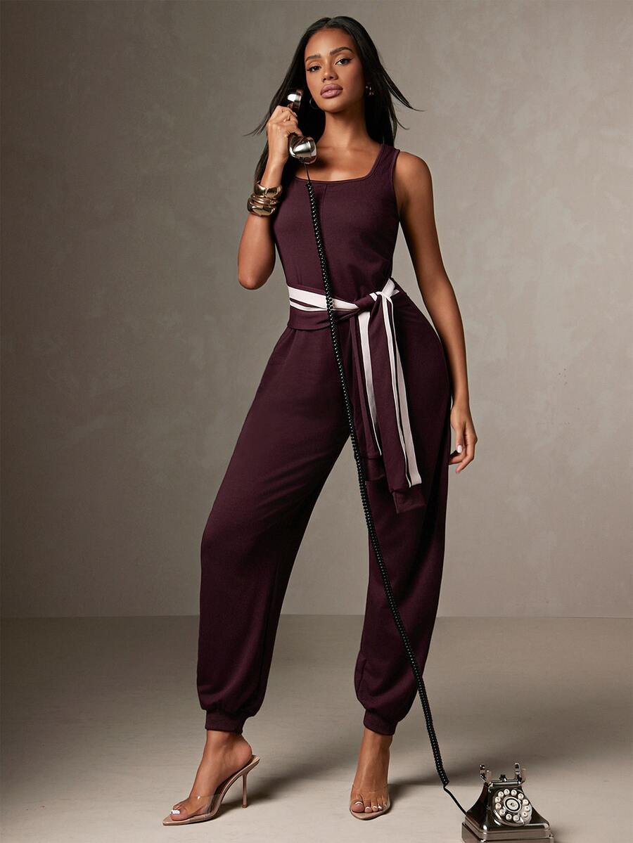 Hauture Women's Sexy Casual Contrast Dark Purple Tie-Up Sweatsuit Jumpsuit, Office Wear, Business Casual, Going Out Brunch, Traveling Summer - Burgundy - View 1